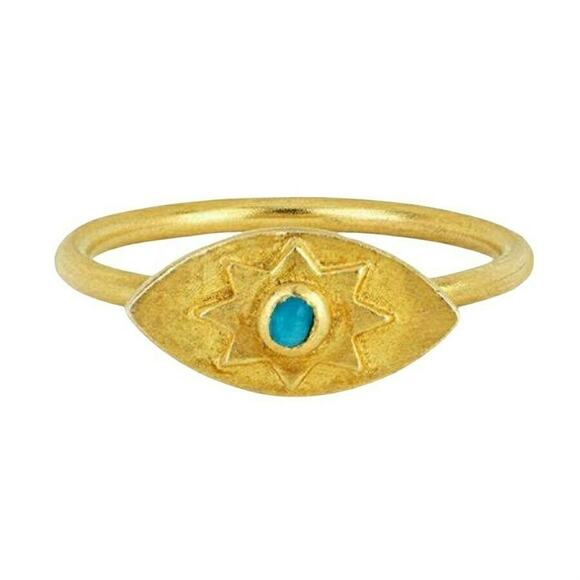 JOHNNY WAS Evil Eye turquoise bohemian boho gold plated brass ring Size 7 NEW - Picture 1 of 4